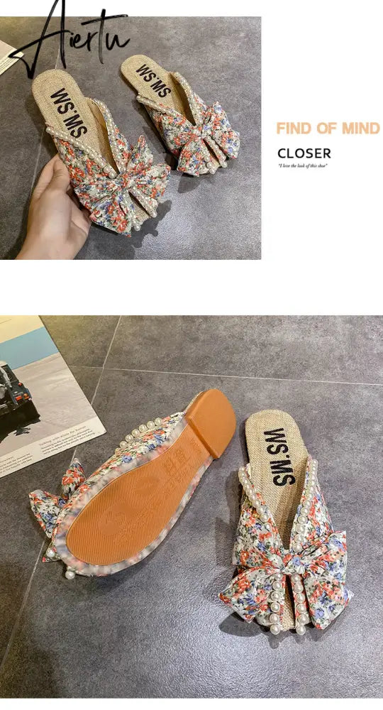 Aiertu Summer Slipper Flat Slippers for Women Outdoor Pearl Slipper Linen Insole Broken Flower Bow Sandals Pantuflas Para Mujer Aiertu