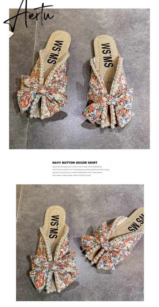 Aiertu Summer Slipper Flat Slippers for Women Outdoor Pearl Slipper Linen Insole Broken Flower Bow Sandals Pantuflas Para Mujer Aiertu