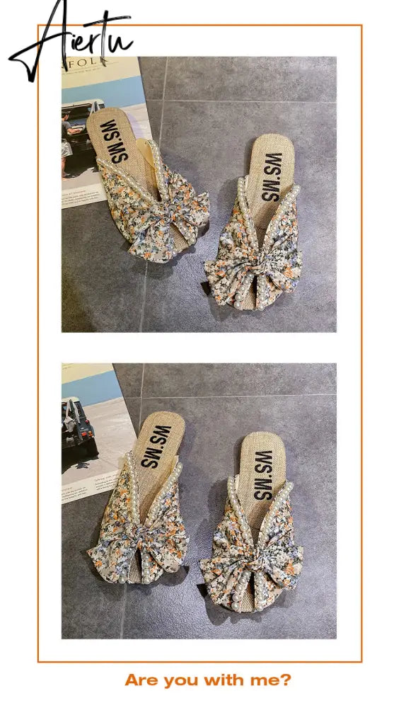 Aiertu Summer Slipper Flat Slippers for Women Outdoor Pearl Slipper Linen Insole Broken Flower Bow Sandals Pantuflas Para Mujer Aiertu