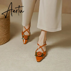 Aiertu Summer/Spring Woman Shoes Cow Leather Pointed Toe Women Sandals Flowers High Heels Slingback Stiletto Retro Shoes for Women Aiertu
