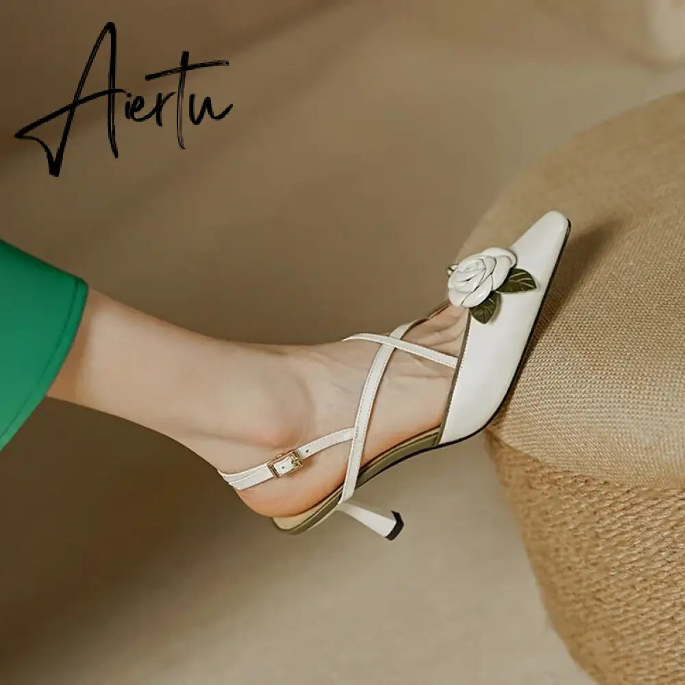 Aiertu Summer/Spring Woman Shoes Cow Leather Pointed Toe Women Sandals Flowers High Heels Slingback Stiletto Retro Shoes for Women Aiertu