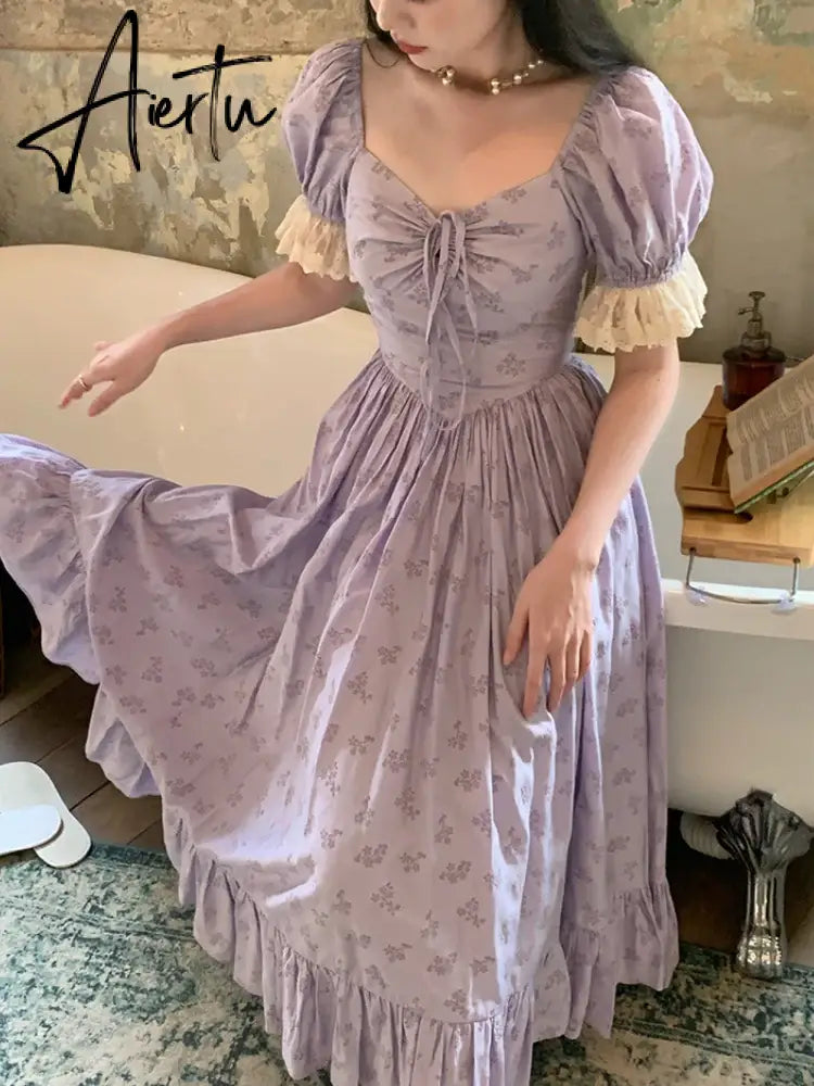 Aiertu  Summer Vintage Floral Midi Dress Women Short Sleeve Party Casual Formal Dress Office Lady One Piece Dress Korean Chic Aiertu