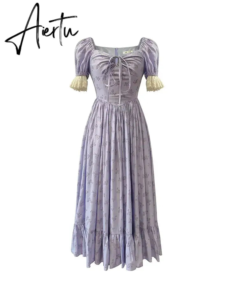 Aiertu  Summer Vintage Floral Midi Dress Women Short Sleeve Party Casual Formal Dress Office Lady One Piece Dress Korean Chic Aiertu