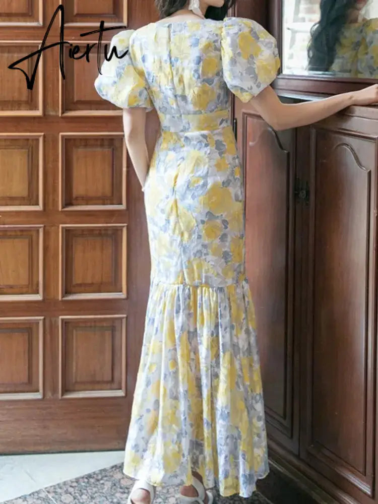 Aiertu Summer Women Fashion Elegant Print Long Dress Vintage Chic Bodycon Slim Party Birthday Clothes Female Evening Clothes Robe New Aiertu