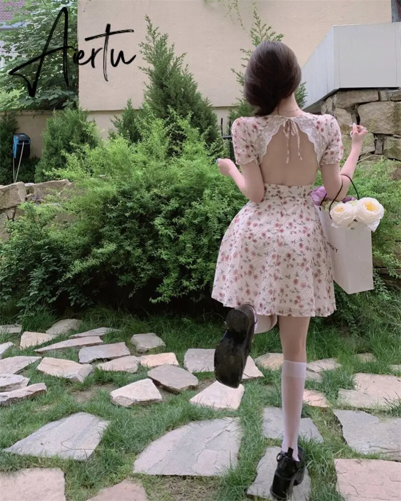 Aiertu Summer Women Floral Mini Party Dress Backless Bandage Lace Sexy Sweet Dress Puff Sleeve Prairie Chic Feminine One Piece Dresses Aiertu