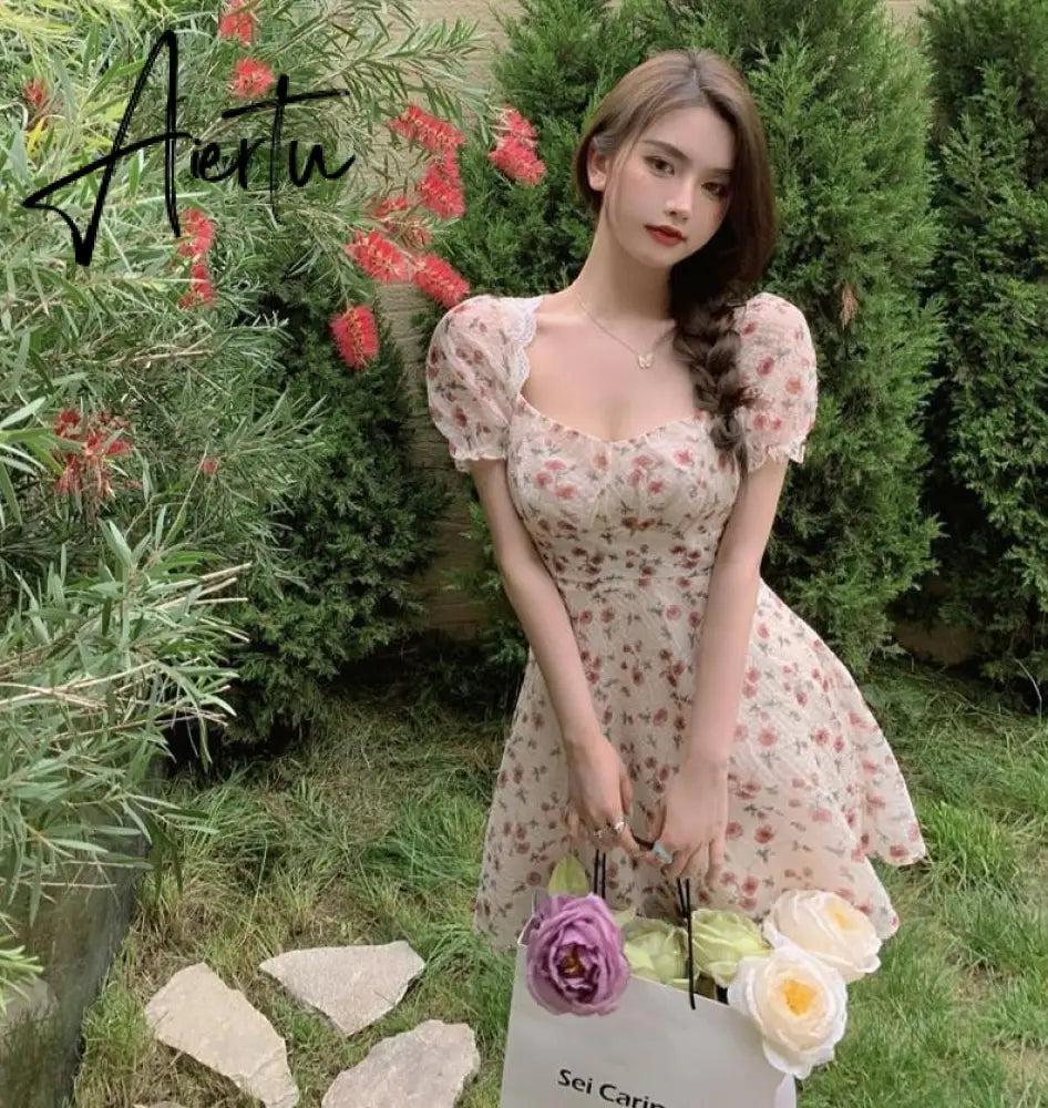 Aiertu Summer Women Floral Mini Party Dress Backless Bandage Lace Sexy Sweet Dress Puff Sleeve Prairie Chic Feminine One Piece Dresses Aiertu