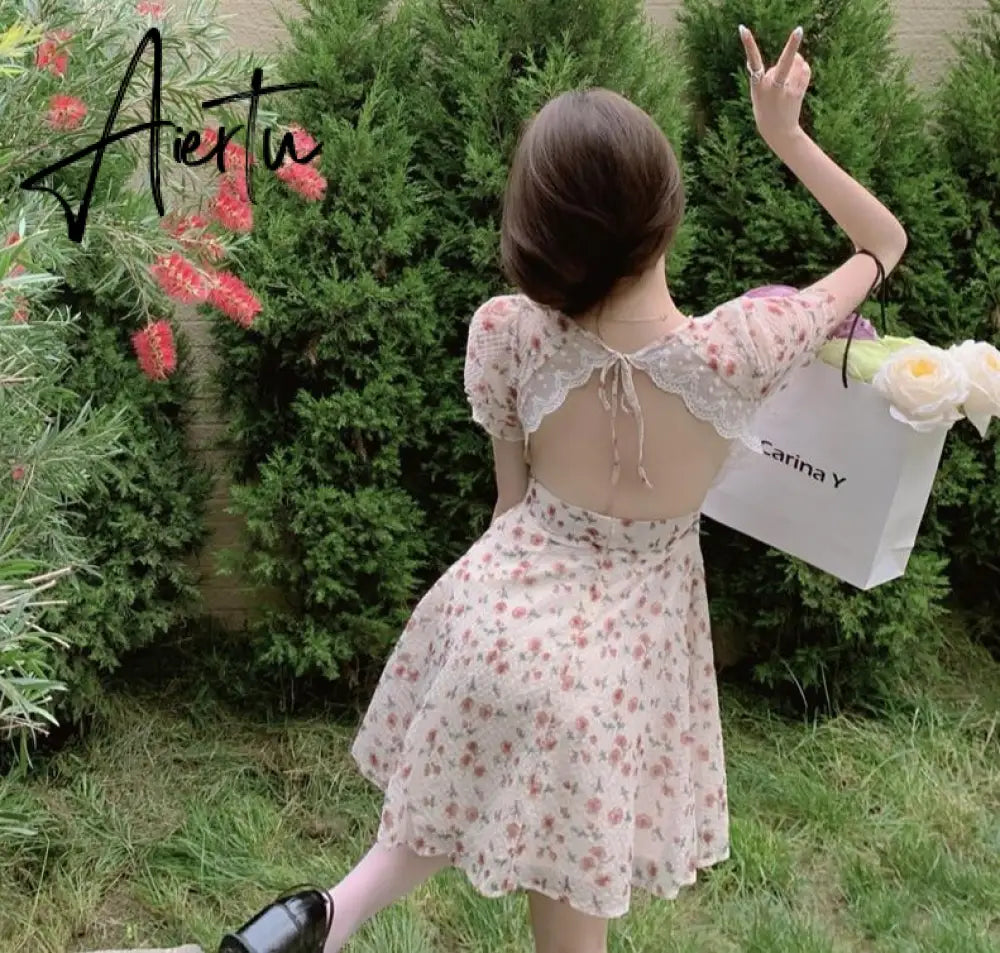 Aiertu Summer Women Floral Mini Party Dress Backless Bandage Lace Sexy Sweet Dress Puff Sleeve Prairie Chic Feminine One Piece Dresses Aiertu