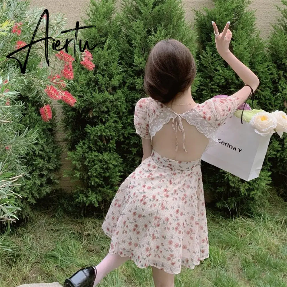 Aiertu Summer Women Floral Mini Party Dress Backless Bandage Lace Sexy Sweet Dress Puff Sleeve Prairie Chic Feminine One Piece Dresses Aiertu