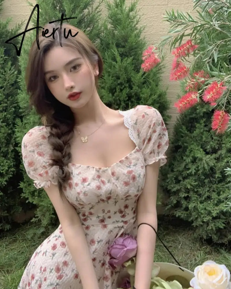 Aiertu Summer Women Floral Mini Party Dress Backless Bandage Lace Sexy Sweet Dress Puff Sleeve Prairie Chic Feminine One Piece Dresses Aiertu