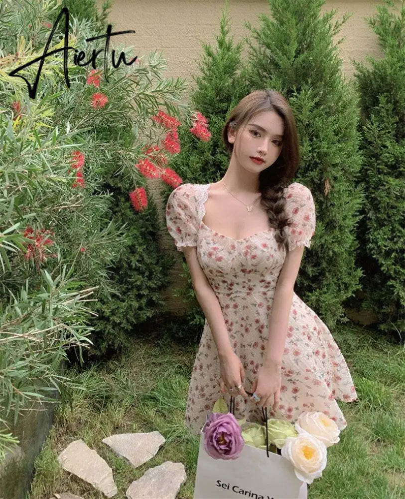 Aiertu Summer Women Floral Mini Party Dress Backless Bandage Lace Sexy Sweet Dress Puff Sleeve Prairie Chic Feminine One Piece Dresses Aiertu