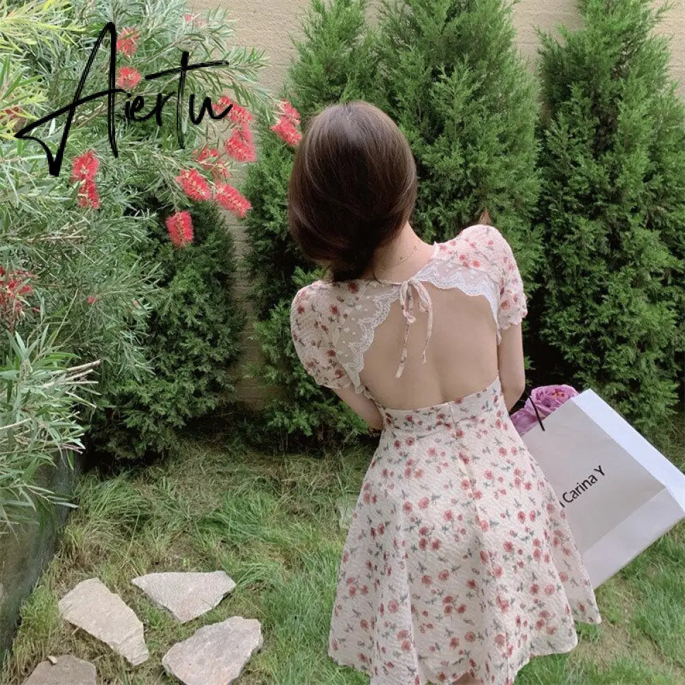 Aiertu Summer Women Floral Mini Party Dress Backless Bandage Lace Sexy Sweet Dress Puff Sleeve Prairie Chic Feminine One Piece Dresses Aiertu