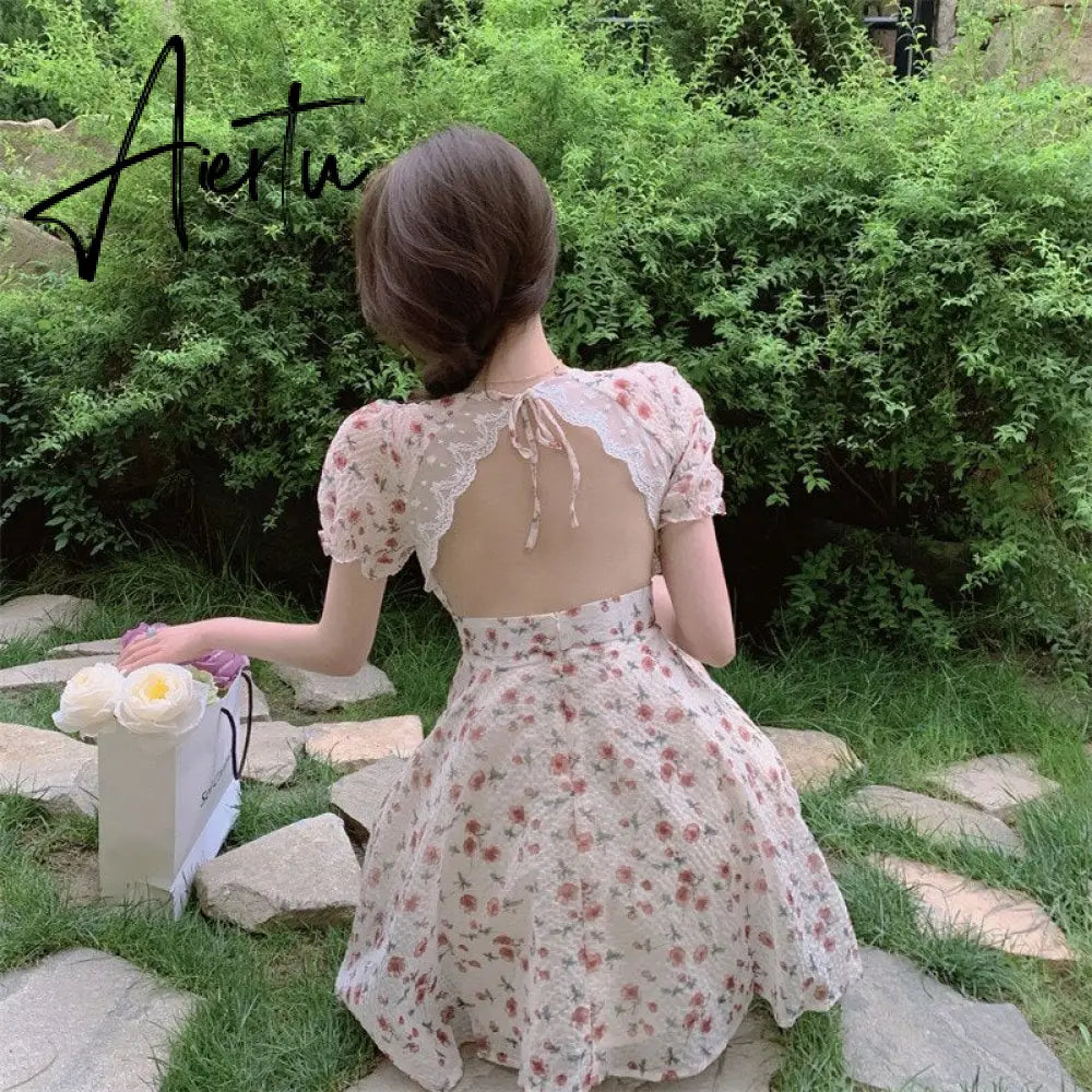Aiertu Summer Women Floral Mini Party Dress Backless Bandage Lace Sexy Sweet Dress Puff Sleeve Prairie Chic Feminine One Piece Dresses Aiertu