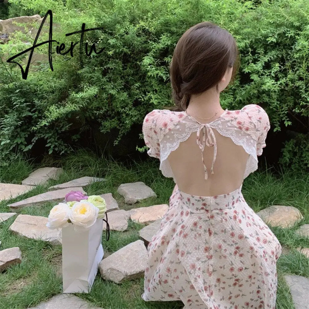 Aiertu Summer Women Floral Mini Party Dress Backless Bandage Lace Sexy Sweet Dress Puff Sleeve Prairie Chic Feminine One Piece Dresses Aiertu