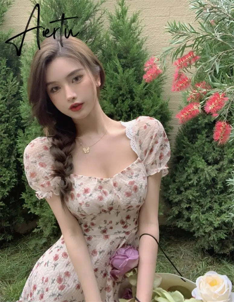Aiertu Summer Women Floral Mini Party Dress Backless Bandage Lace Sexy Sweet Dress Puff Sleeve Prairie Chic Feminine One Piece Dresses Aiertu