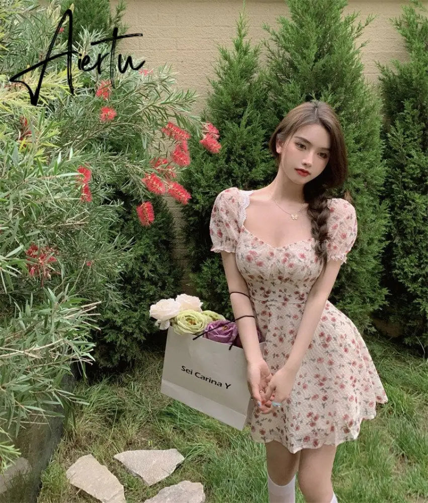 Aiertu Summer Women Floral Mini Party Dress Backless Bandage Lace Sexy Sweet Dress Puff Sleeve Prairie Chic Feminine One Piece Dresses Aiertu