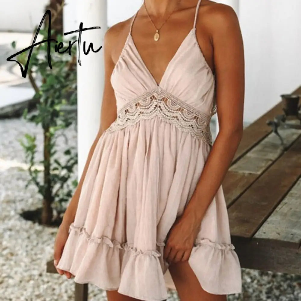 Aiertu Summer Women Lace Mini Dress Sexy Backless V-neck Beach Dresses Halter Sleeveless Spaghetti Strap Ruffle Sundress White Dress Aiertu