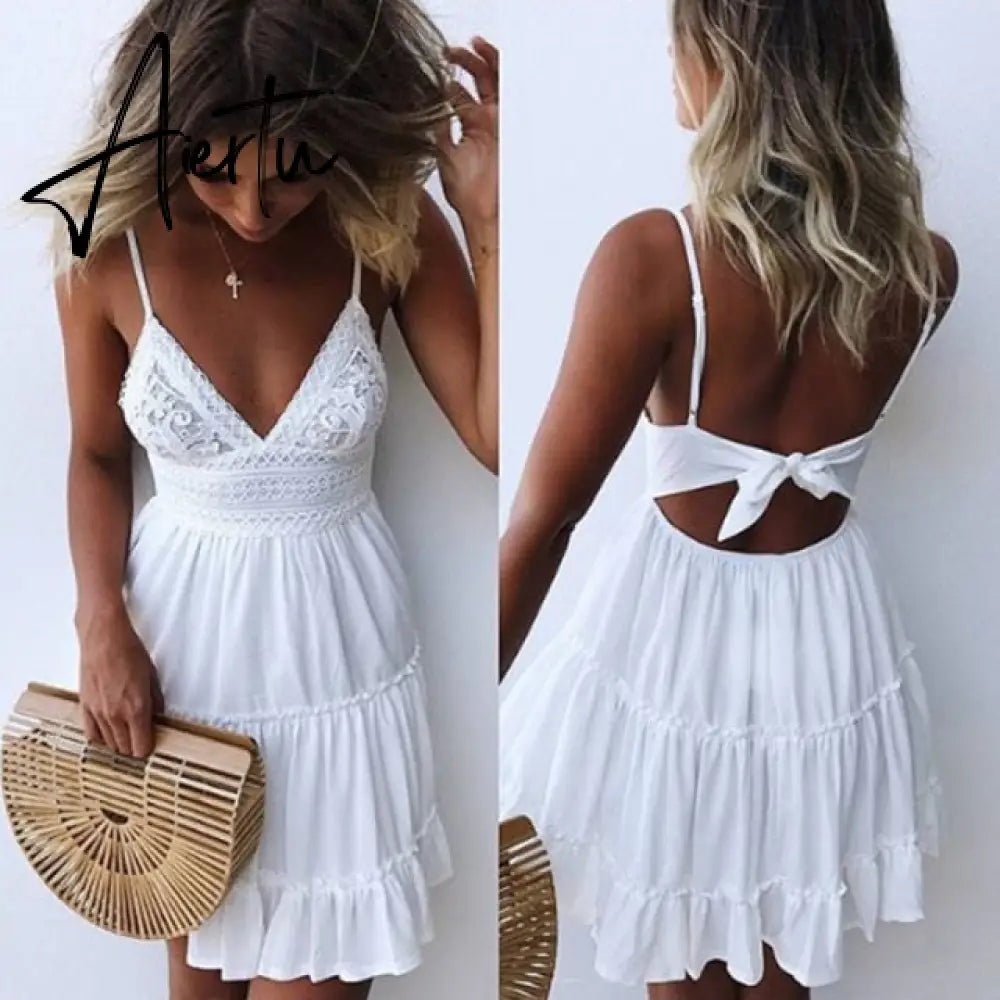 Aiertu Summer Women Lace Mini Dress Sexy Backless V-neck Beach Dresses Halter Sleeveless Spaghetti Strap Ruffle Sundress White Dress Aiertu