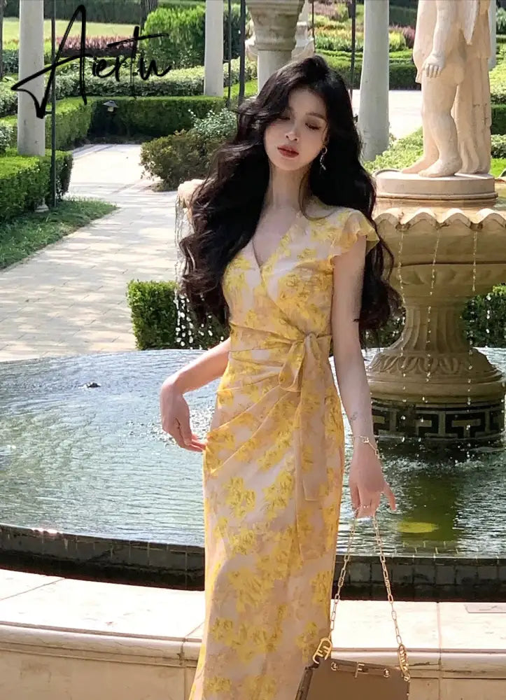 Aiertu Summer Women New Elegant Fashion Print Satin Long Dress Female Backless Office Party Robe Lady Lace Up Clothes Aiertu