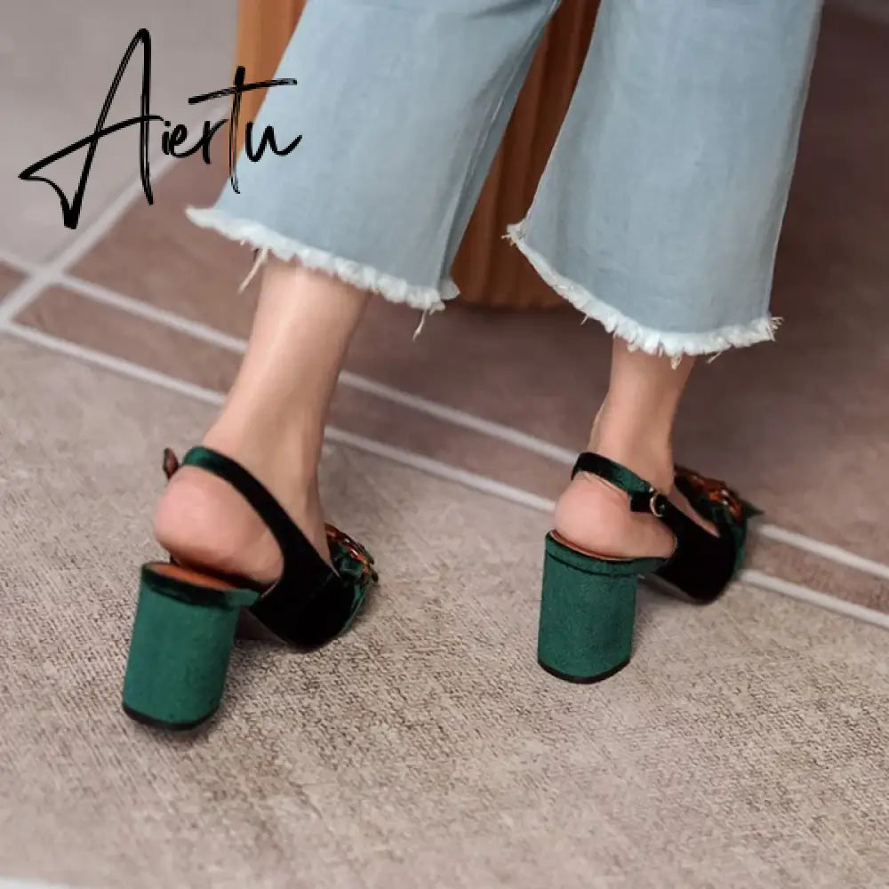 Aiertu Summer Women Sandals Flock Chunky Heel High Heels Retro Velvet Slingback Shoes for Women Crystal Tassel Women Pumps Party Shoes Aiertu