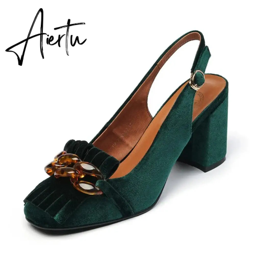 Aiertu Summer Women Sandals Flock Chunky Heel High Heels Retro Velvet Slingback Shoes for Women Crystal Tassel Women Pumps Party Shoes Aiertu