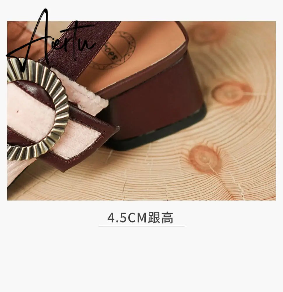 Aiertu summer women sandals natural leather22-24.5cm Corduroy fabric upper Sexy retro comfortable back empty shoes Buckle Mary Jane Aiertu