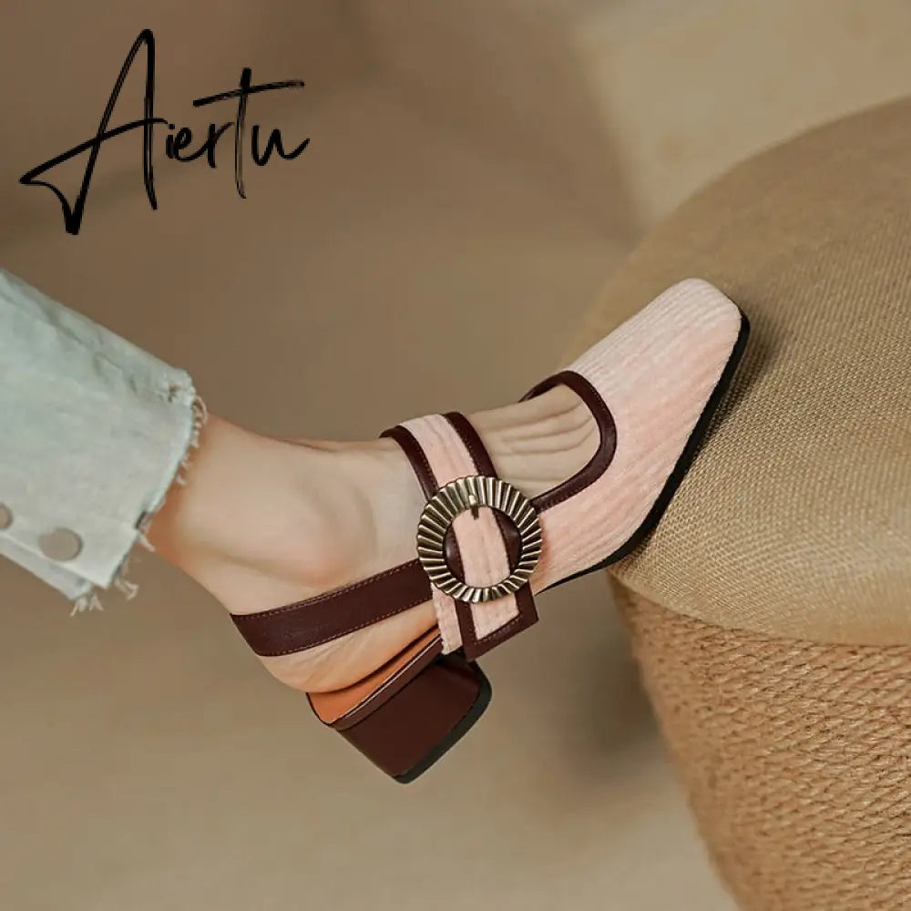 Aiertu summer women sandals natural leather22-24.5cm Corduroy fabric upper Sexy retro comfortable back empty shoes Buckle Mary Jane Aiertu