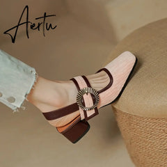 Aiertu summer women sandals natural leather22-24.5cm Corduroy fabric upper Sexy retro comfortable back empty shoes Buckle Mary Jane Aiertu