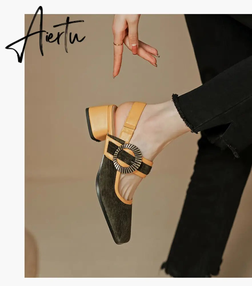 Aiertu summer women sandals natural leather22-24.5cm Corduroy fabric upper Sexy retro comfortable back empty shoes Buckle Mary Jane Aiertu