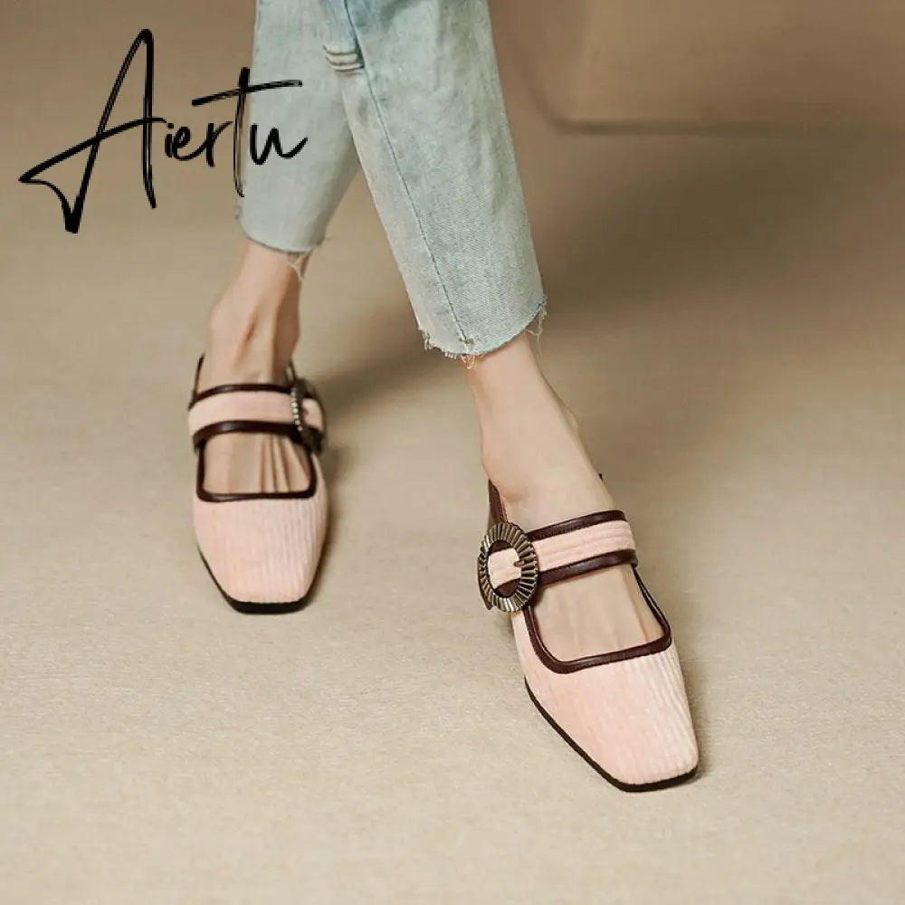 Aiertu summer women sandals natural leather22-24.5cm Corduroy fabric upper Sexy retro comfortable back empty shoes Buckle Mary Jane Aiertu