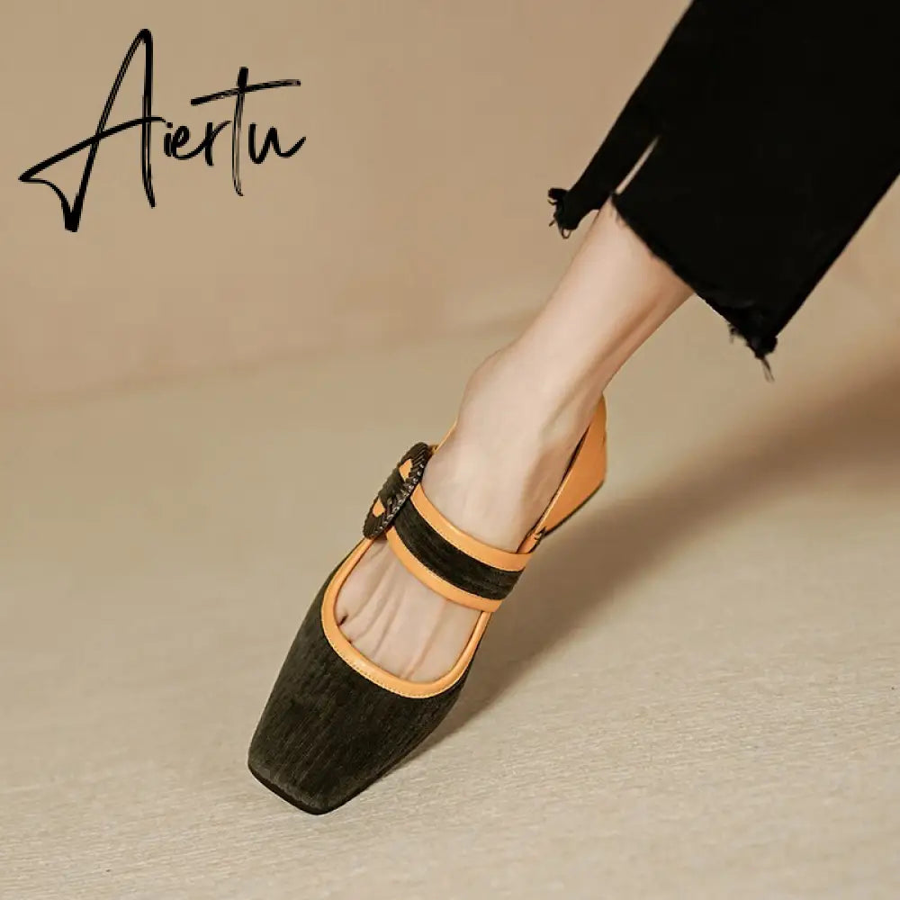Aiertu summer women sandals natural leather22-24.5cm Corduroy fabric upper Sexy retro comfortable back empty shoes Buckle Mary Jane Aiertu