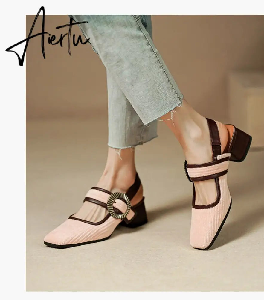 Aiertu summer women sandals natural leather22-24.5cm Corduroy fabric upper Sexy retro comfortable back empty shoes Buckle Mary Jane Aiertu