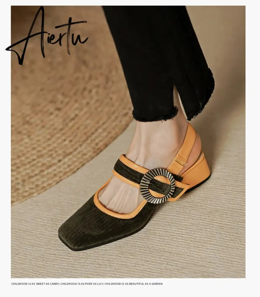 Aiertu summer women sandals natural leather22-24.5cm Corduroy fabric upper Sexy retro comfortable back empty shoes Buckle Mary Jane Aiertu
