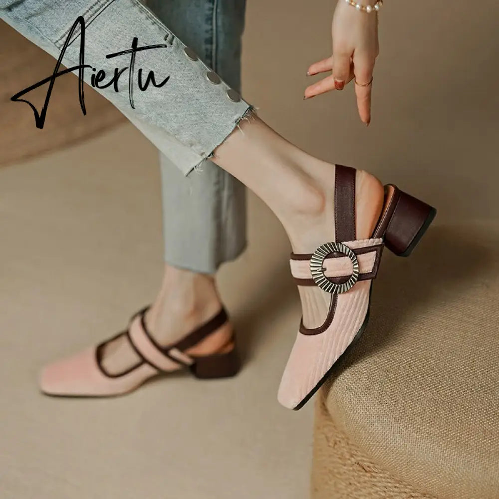 Aiertu summer women sandals natural leather22-24.5cm Corduroy fabric upper Sexy retro comfortable back empty shoes Buckle Mary Jane Aiertu