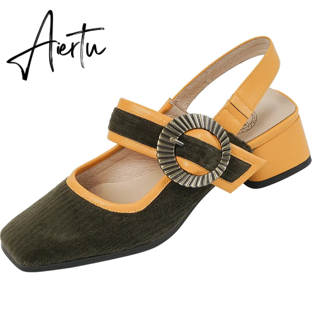 Aiertu summer women sandals natural leather22-24.5cm Corduroy fabric upper Sexy retro comfortable back empty shoes Buckle Mary Jane Aiertu