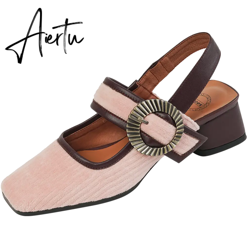 Aiertu summer women sandals natural leather22-24.5cm Corduroy fabric upper Sexy retro comfortable back empty shoes Buckle Mary Jane Aiertu