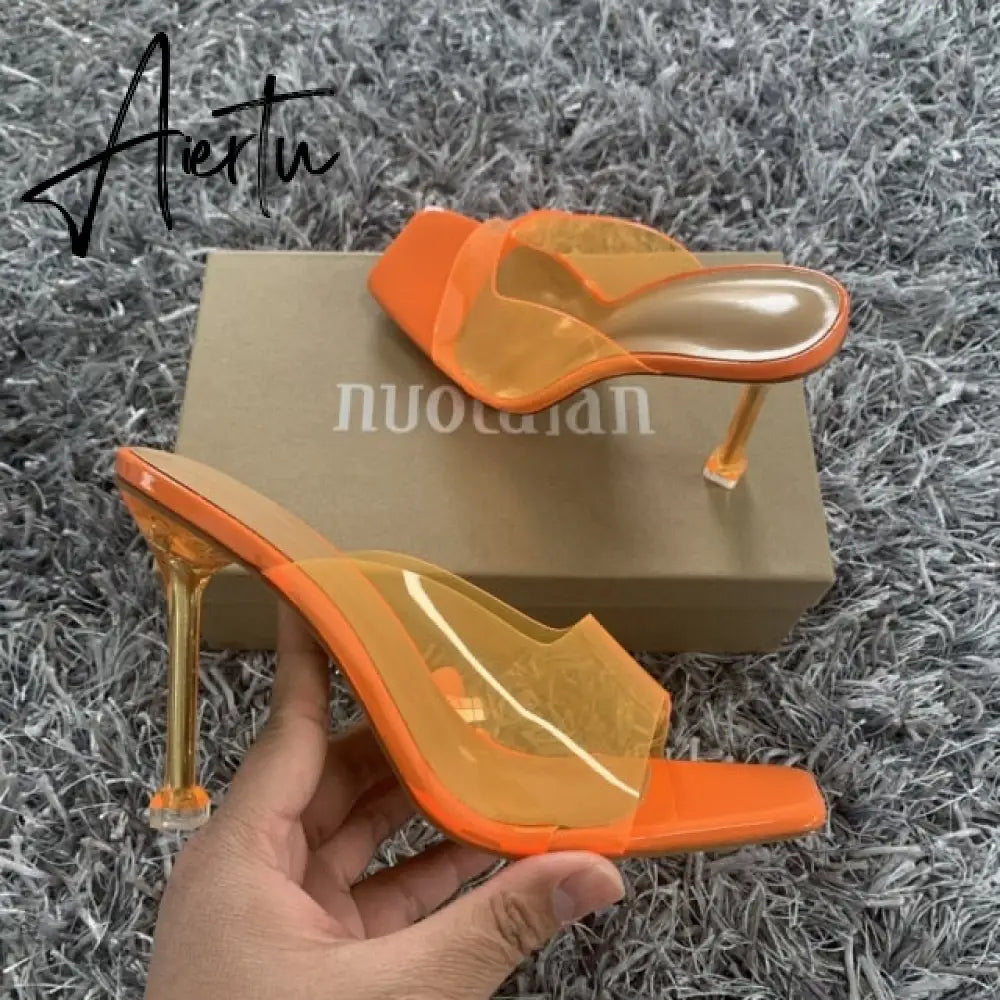 Aiertu Summer Women sandals Sexy Transparent Heel Slippers Sandal Shoes Woman Thin High Heels Square Toe Sandal Lady Pump Shoes Mules Aiertu