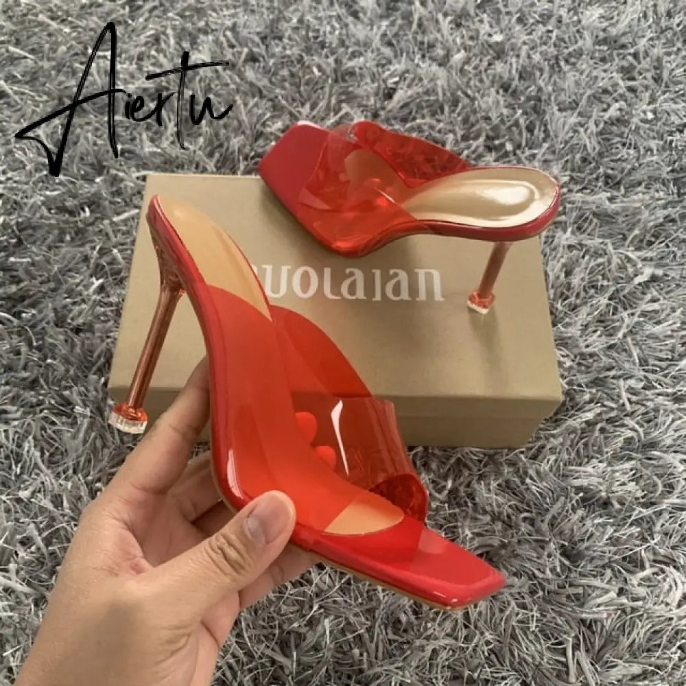 Aiertu Summer Women sandals Sexy Transparent Heel Slippers Sandal Shoes Woman Thin High Heels Square Toe Sandal Lady Pump Shoes Mules Aiertu