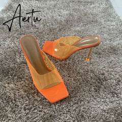 Aiertu Summer Women sandals Sexy Transparent Heel Slippers Sandal Shoes Woman Thin High Heels Square Toe Sandal Lady Pump Shoes Mules Aiertu