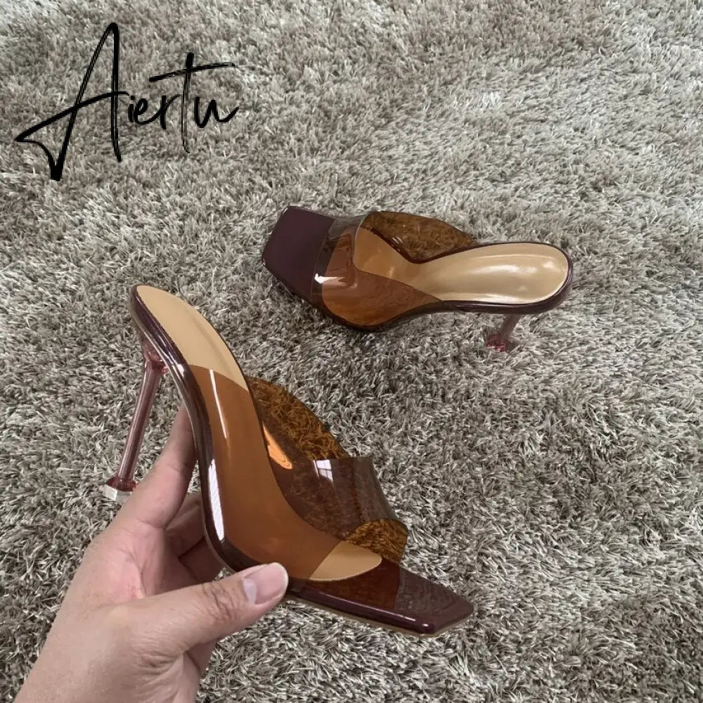 Aiertu Summer Women sandals Sexy Transparent Heel Slippers Sandal Shoes Woman Thin High Heels Square Toe Sandal Lady Pump Shoes Mules Aiertu