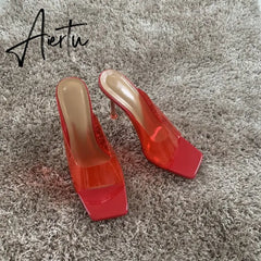 Aiertu Summer Women sandals Sexy Transparent Heel Slippers Sandal Shoes Woman Thin High Heels Square Toe Sandal Lady Pump Shoes Mules Aiertu