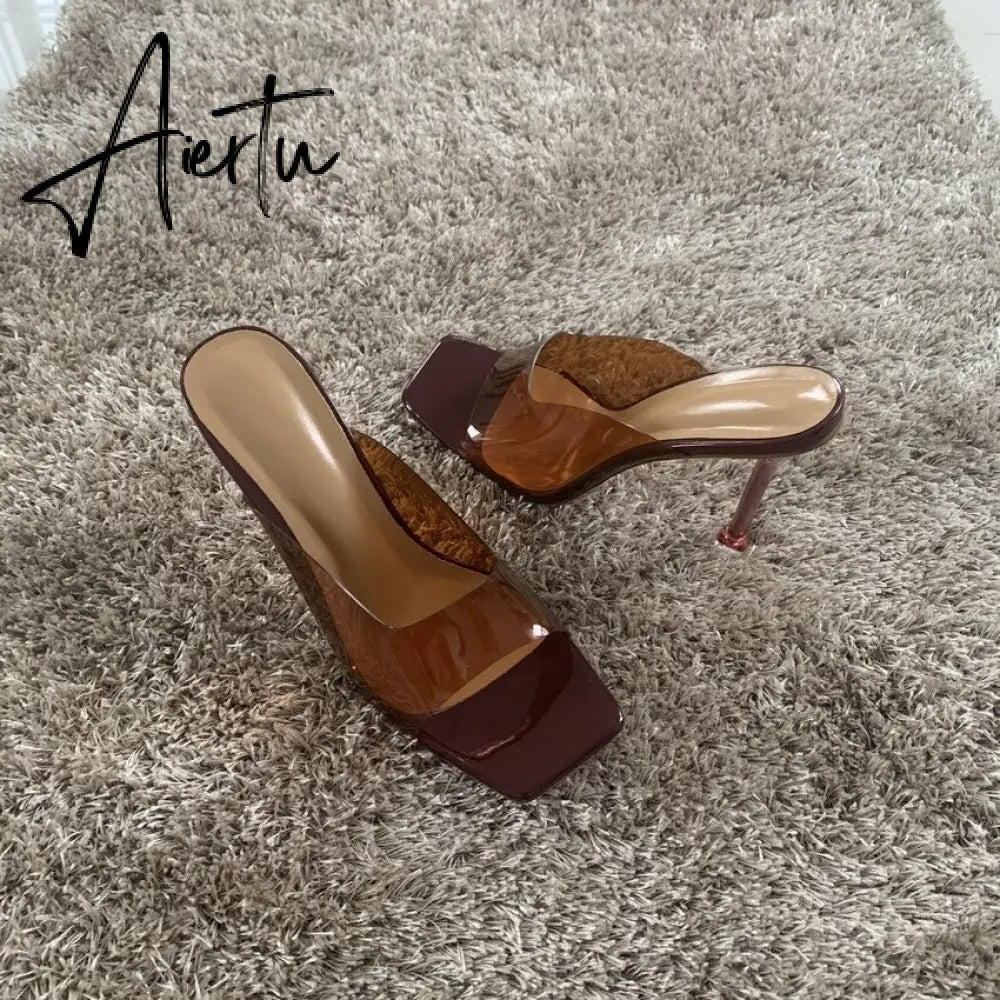 Aiertu Summer Women sandals Sexy Transparent Heel Slippers Sandal Shoes Woman Thin High Heels Square Toe Sandal Lady Pump Shoes Mules Aiertu