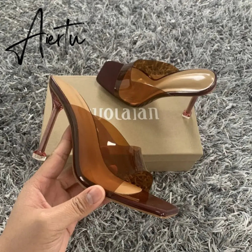 Aiertu Summer Women sandals Sexy Transparent Heel Slippers Sandal Shoes Woman Thin High Heels Square Toe Sandal Lady Pump Shoes Mules Aiertu