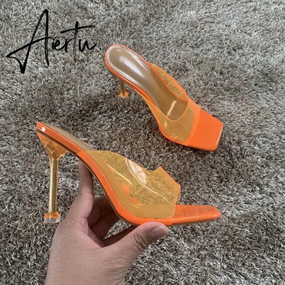 Aiertu Summer Women sandals Sexy Transparent Heel Slippers Sandal Shoes Woman Thin High Heels Square Toe Sandal Lady Pump Shoes Mules Aiertu