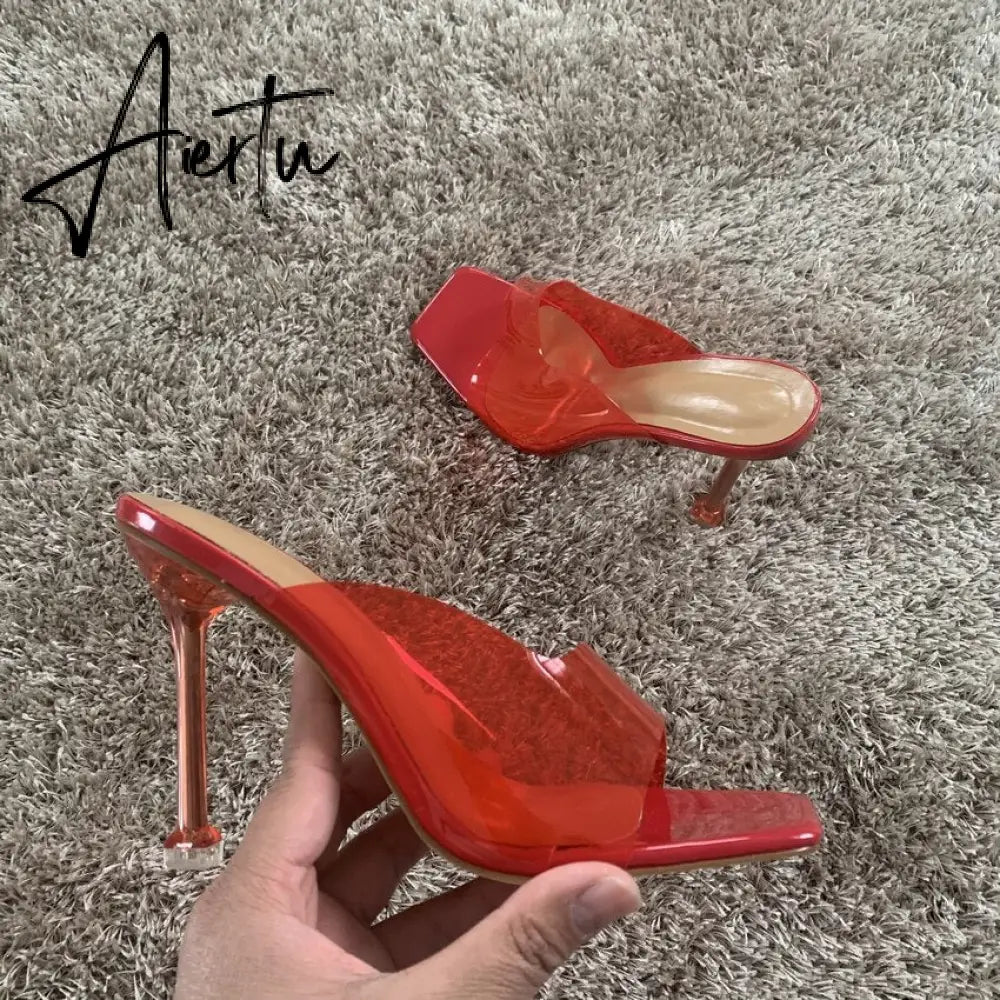 Aiertu Summer Women sandals Sexy Transparent Heel Slippers Sandal Shoes Woman Thin High Heels Square Toe Sandal Lady Pump Shoes Mules Aiertu