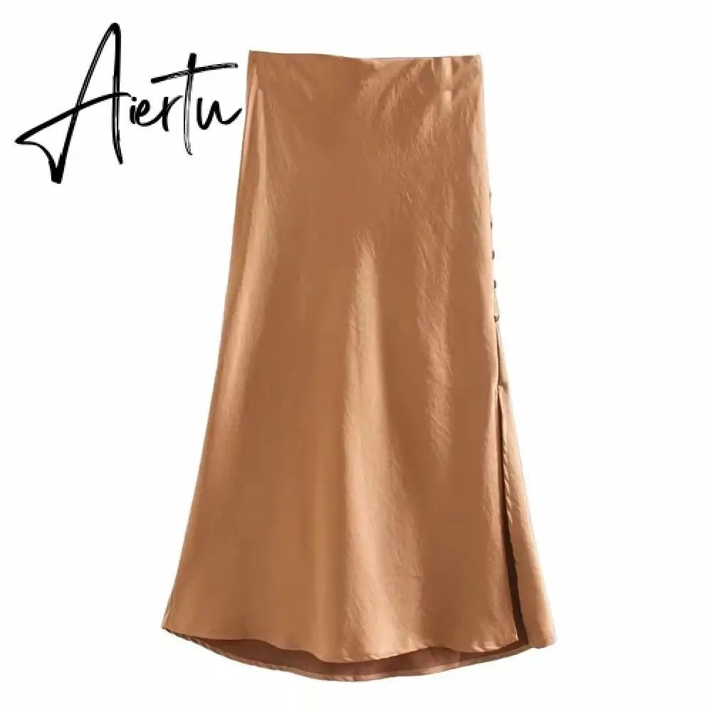 Aiertu  Summer Women Satin Elastic Waist Side Slit A-Line Skirt New Fashion Lady Button Decoration Falda Midi LUJIA ALAN P1597 Aiertu