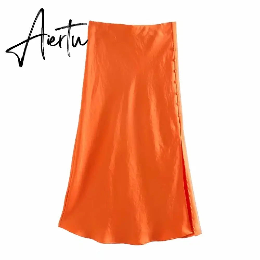 Aiertu  Summer Women Satin Elastic Waist Side Slit A-Line Skirt New Fashion Lady Button Decoration Falda Midi LUJIA ALAN P1597 Aiertu