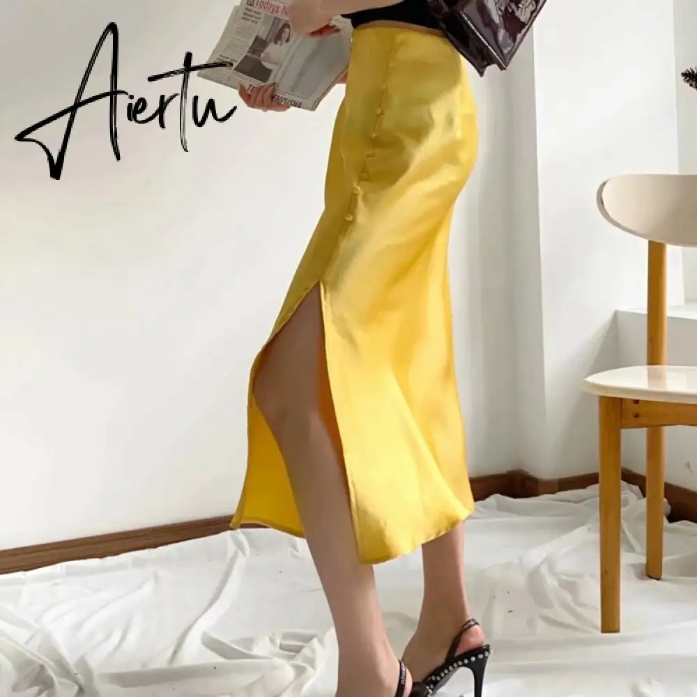 Aiertu  Summer Women Satin Elastic Waist Side Slit A-Line Skirt New Fashion Lady Button Decoration Falda Midi LUJIA ALAN P1597 Aiertu