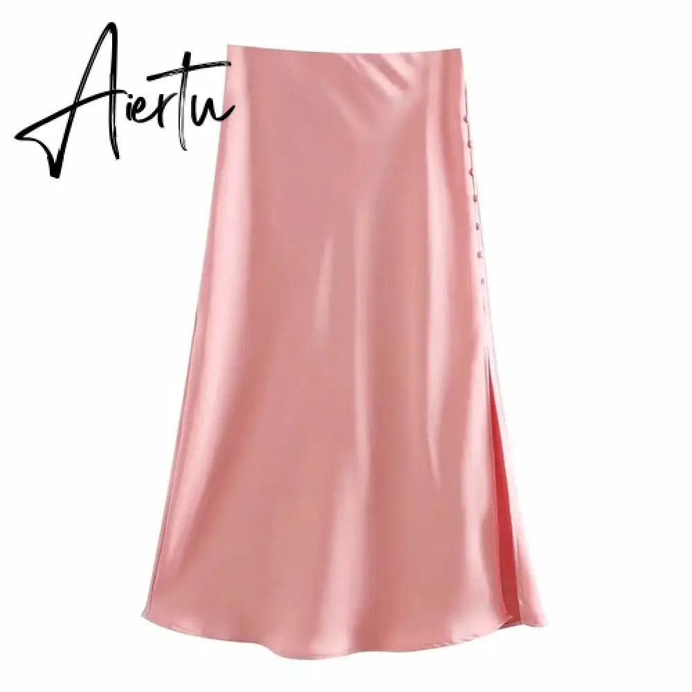 Aiertu  Summer Women Satin Elastic Waist Side Slit A-Line Skirt New Fashion Lady Button Decoration Falda Midi LUJIA ALAN P1597 Aiertu