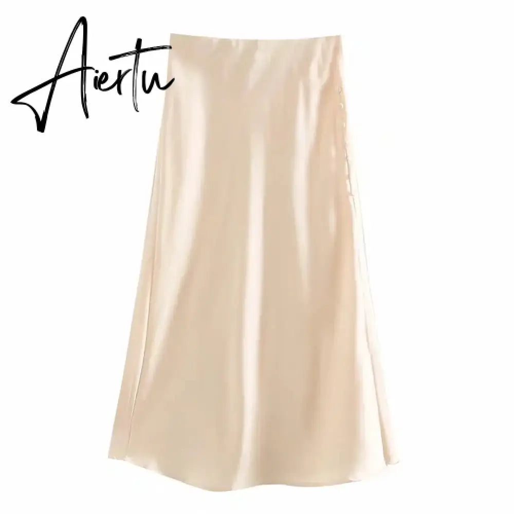 Aiertu  Summer Women Satin Elastic Waist Side Slit A-Line Skirt New Fashion Lady Button Decoration Falda Midi LUJIA ALAN P1597 Aiertu