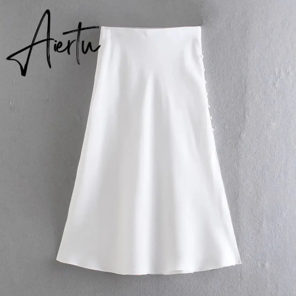 Aiertu  Summer Women Satin Elastic Waist Side Slit A-Line Skirt New Fashion Lady Button Decoration Falda Midi LUJIA ALAN P1597 Aiertu
